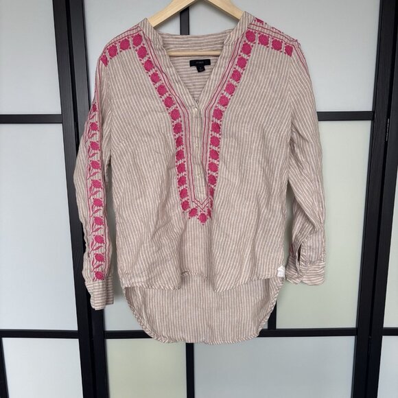 J. Crew Womens Linen Top SMALL Striped Button Up Shirt Embroidery - Picture 1 of 16
